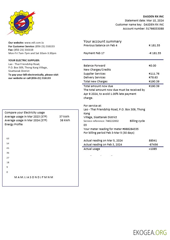 Modèle de facture de services publics d'électricité de Laos Electricité du Laos aux formats Word et PDF